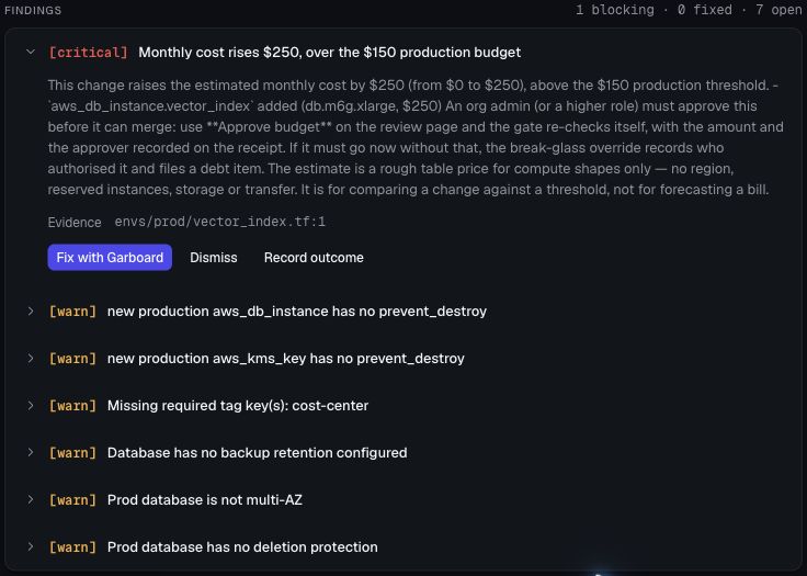 Deltz findings panel with budget, backup and deletion-protection findings for a demo pull request.